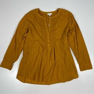 J Jill Mustard Yellow Jacquard Peasant Smock Blouse Tunic Womens Size LP